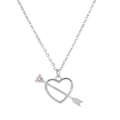 Silver Cupid's arrow heart necklace with small pink gemstone on a delicate cable chain - Silver Tone - Pink Zirconia Hollow Heart Arrow Necklace
