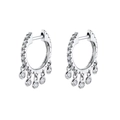 Close-up of silver hoop earrings with five sparkling zirconia round charms on white background - Platinum/White Zirconia