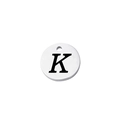 Close-up of polished stainless steel circular charm with engraved capital letter K - Letter K