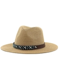 Classic summer straw fedora hat with ethnic beaded band on a minimalist background - M (56-58cm) / Ethnic Beaded Style / Khaki