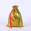 Golden holographic Christmas drawstring gift bag with star pattern and red ribbon - 58*43 Holographic Gold