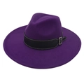 Detailed view of purple wool fedora hat with black leather belt and silver metal buckle - Purple Heart (Black Wide Leather)