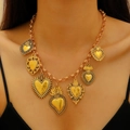 Vintage gold Sacred Heart multi-pendant necklace with chunky round link chain - Sacred Heart Multi-pendant Necklace / Antique Gold Necklace