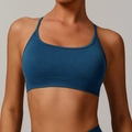 Seamless navy blue sports bra with thin straps and ribbed texture for yoga support - Navy Blue