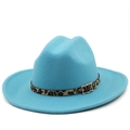 Sky blue felt fedora with leopard print band and golden buckle for outdoor style - M(56-58cm) / Sky Blue