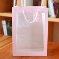 Pink paper gift bag with large transparent window and white rope handles for plush toys - Pink Tote Bags (10 Pieces) / H24cm W16cm D12cm