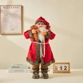 Classic Santa Claus doll in red velvet robe holding a brown teddy bear and reindeer embroidery - 60CM / Red