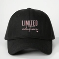 Black cotton baseball cap with pink LIMITED edition text and small heart embroidery - One Size / Black