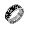 Close-up of vintage titanium steel ring featuring black enamel peace sign patterns - Peace Sign/Size 7