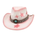 Western pink star cowboy hat with turquoise ethnic band and curled brim detail - One Size (M Peach Star) / White (Oval Blue Stone)