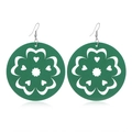 Detail of green wooden hollow flower earrings with silver hooks on white background - #12 Green Flower Round Hollow