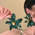 Deep green large floral stud earrings with yellow beaded centers in a sweet forest style - Silver Earring Post (87#) / Green