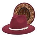Cappello fedora in lana bordeaux con fodera leopardata e fascia in pelle bianca - M (56-58cm) / Borgogna