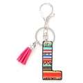 Rainbow stripe and leopard print L-letter keychain with pink tassel on white background - Letter L