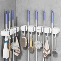 Wall-mounted suction mop and broom holder with hooks for bathroom organization in white - Family Set 4 Clips + 3 Clips Cream White
