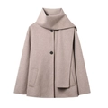 Abrigo corto de lana para mujer en caqui con cuello bufanda elegante y botones sencillos - XS / Blanco Roto