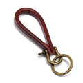 Handmade brown leather keychain with vintage bronze D-ring and horseshoe buckle - Brown