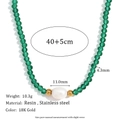 Green resin bead necklace with freshwater pearl and 18K gold plated stainless steel - Peacock Green Transparent