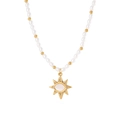 Vintage pearl necklace with golden sunburst pendant and opal center on white background - N2419-Eight-pointed Star Pearl Necklace / Gold