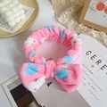 Pink coral fleece headband with large bow and heart patterns for face washing and SPA - Bunny Print