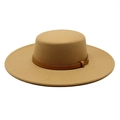 Detailed macro view of camel flat top hat featuring a brown snakeskin leather band - M (56-58cm) / Camel