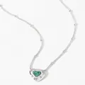 Vintage stainless steel heart necklace featuring green stone pendant with white crystals - Silver & Green