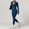 Conjunto de yoga de 3 piezas sin costuras en azul oscuro con mallas de cintura alta - S / Conjunto de 3 Piezas Azul