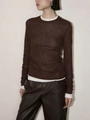 Detail of dark brown thin knit top with bamboo texture and contrast collar neckline - Tan