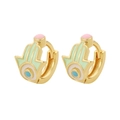Hamsa hand gold hoop earrings with colorful enamel devil's eye charms for women - White (E750-6)