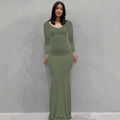 Detalle del vestido maxi ajustado verde oscuro de manga larga con dobladillo cola de pez - XS / Top Y Pantalón / Verde