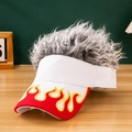 White sun visor hat with red flame embroidery and grey faux hair wig variant - White + Grey Hair