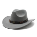 Detail of grey felt cowboy hat featuring brown band with bull head metal buckle - M (56-58cm) / Gray