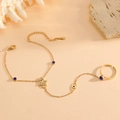 Böhmische vergoldete Edelstahl Handkette mit blauem bösem Blick und Hamsa-Hand Charms - Blauer Zirkon Hamsa Hand Fingerarmband (D809)