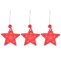 Three red wooden star Christmas ornaments with white snowflake patterns and beads - Red Star * 3