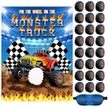 Monster truck pin the wheel party game set with poster, stickers and blue blindfold - Monster Truck Poster Game