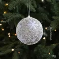 Silver 10cm Christmas ball ornament with white bead texture and snowflake patterns - Silver Glitter Ball Style E