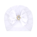White baby turban hat with oversized bow and elegant gold-framed rhinestone detail - White