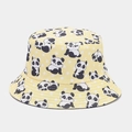 Detail view of yellow bucket hat with cartoon panda patterns and white polka dots - M (56-58cm) / Yellow