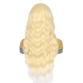 Long wavy light blonde synthetic wig with middle part for women on a mannequin head - Off White