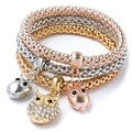 Detailed view of three owl charm popcorn chain bracelets in gold, silver, and rose gold - 1042 Owl Set