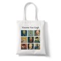 White canvas tote bag featuring Vincent van Gogh self-portrait prints and artistic typography - Self-portrait Grid (STD1868-H)