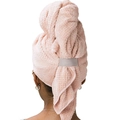 Pink absorbent microfiber hair towel wrap for women featuring a grey elastic fastening band - Pink