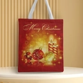 Detail of red Christmas canvas tote bag with gold Merry Christmas print and holiday patterns - Style 27