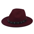 Close-up of wine red wool fedora featuring a black band with blue turquoise studs - Adult / Burgundy