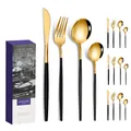 16-piece luxury flatware set with matte black handles and polished gold stainless steel finish - Portugal Style (16Pcs Set/Mail Box) / Black Gold