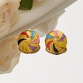 Golden circular vortex stud earrings with colorful enamel spiral design on white rose - Colorful