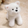 Plush white puppy toy with soft realistic fur and black bead eyes on beige carpet - Samoyed