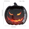 Set of 10 Halloween pumpkin-shaped paper plates with orange flame face on black background - 9 Inch Devil Eye Pumpkin Paper Plate