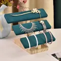 Three-tier solid wood jewelry stand with dark green velvet rollers for watch and bracelet - 3-Tier Solid Wood Bracelet Stand-Dark Green