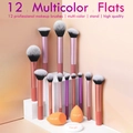 12-piece professional makeup brush set with orange blenders and puff on a tiered stand - 12 Pcs Multicolor + 3 Puffs